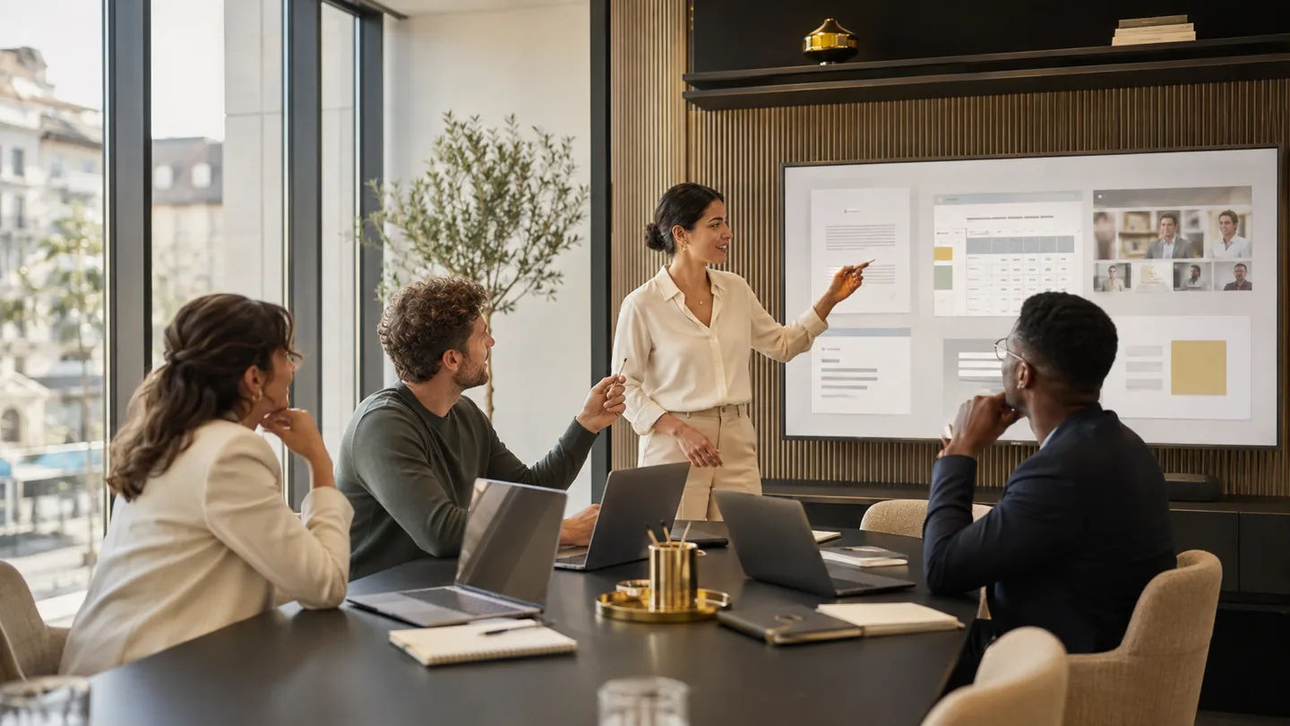 Une formatrice présente des usages documentaires, tableurs et réunions à une équipe équipée de Microsoft 365.