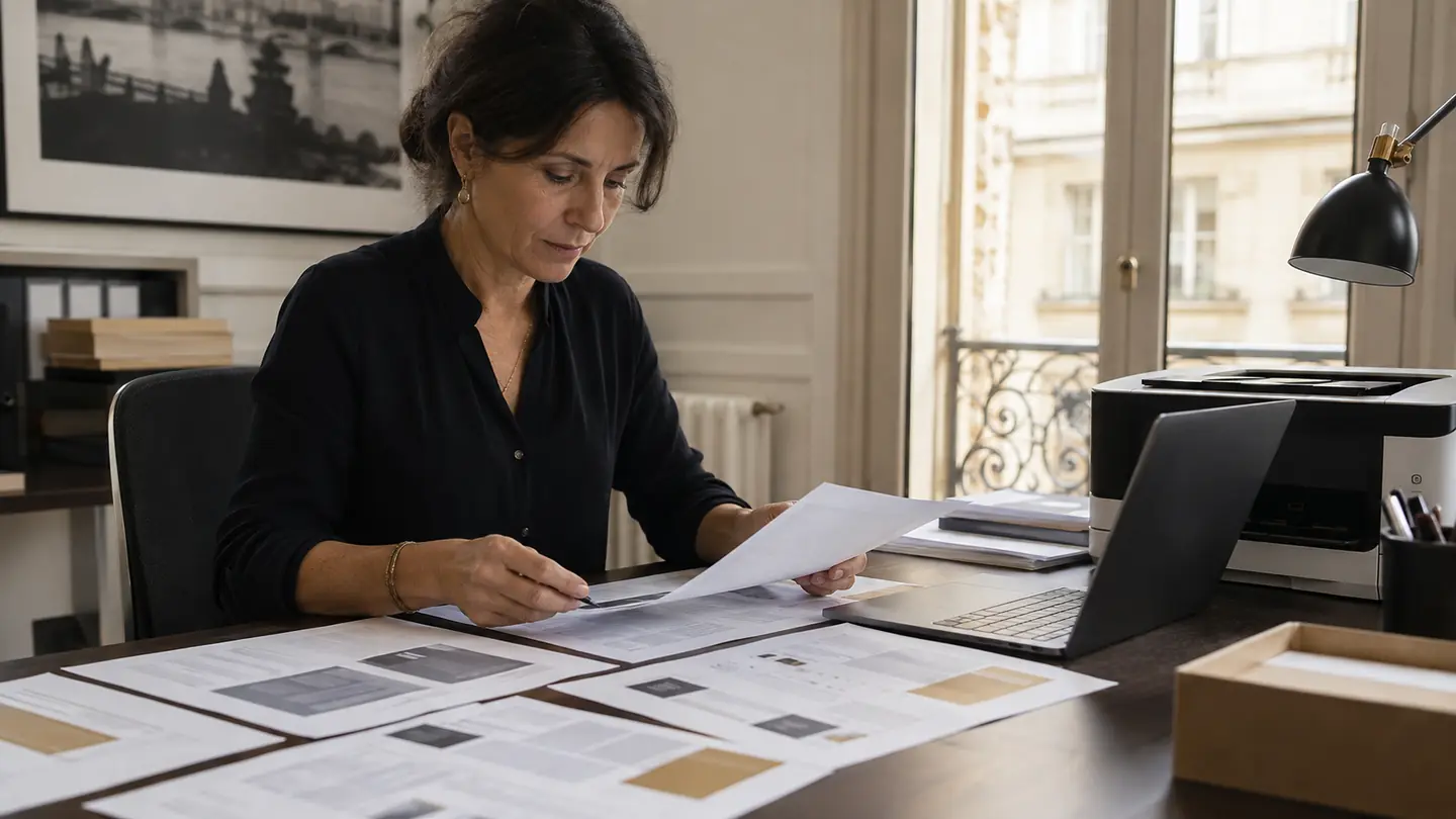 Une professionnelle vérifie la structure et la mise en page de documents de travail.