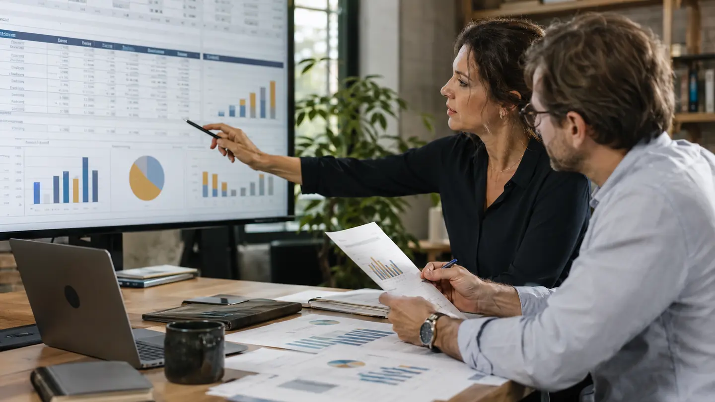 Deux professionnels analysent un tableau de bord et des usages Excel en entreprise.