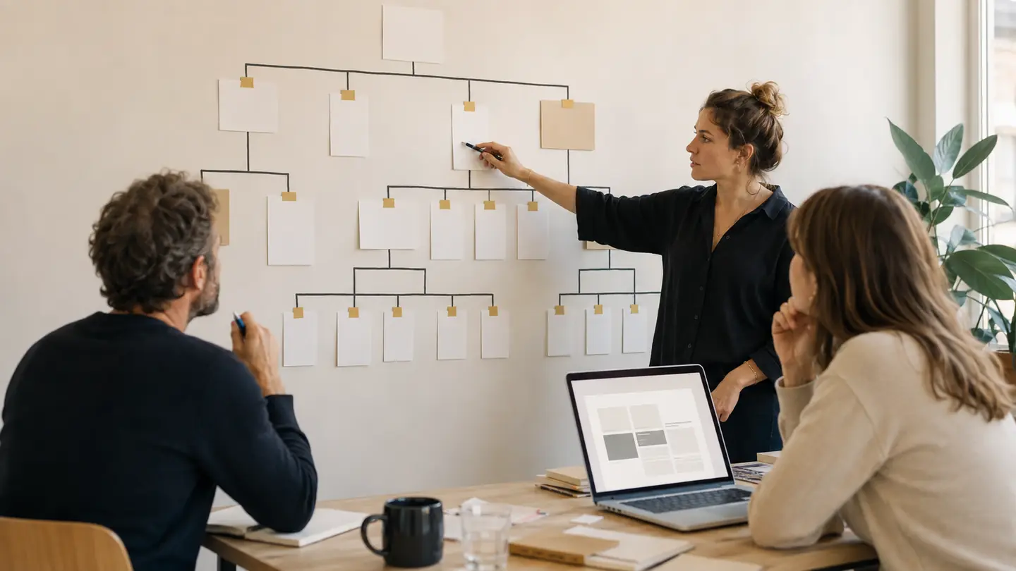 Une formatrice explique l’architecture d’un site et les intentions de recherche à deux professionnels.