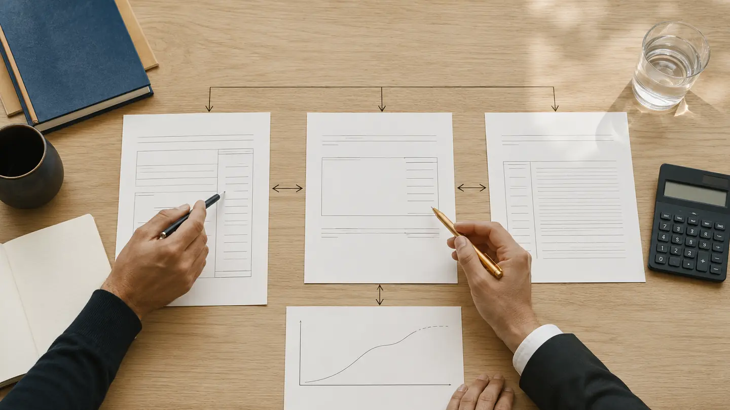 Un formateur relie les principaux documents des comptes sociaux sur une table.