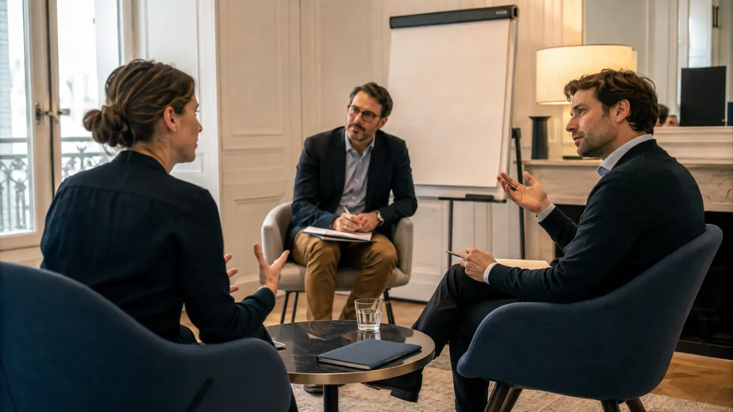 Deux professionnels jouent un entretien commercial pendant qu’un formateur observe.