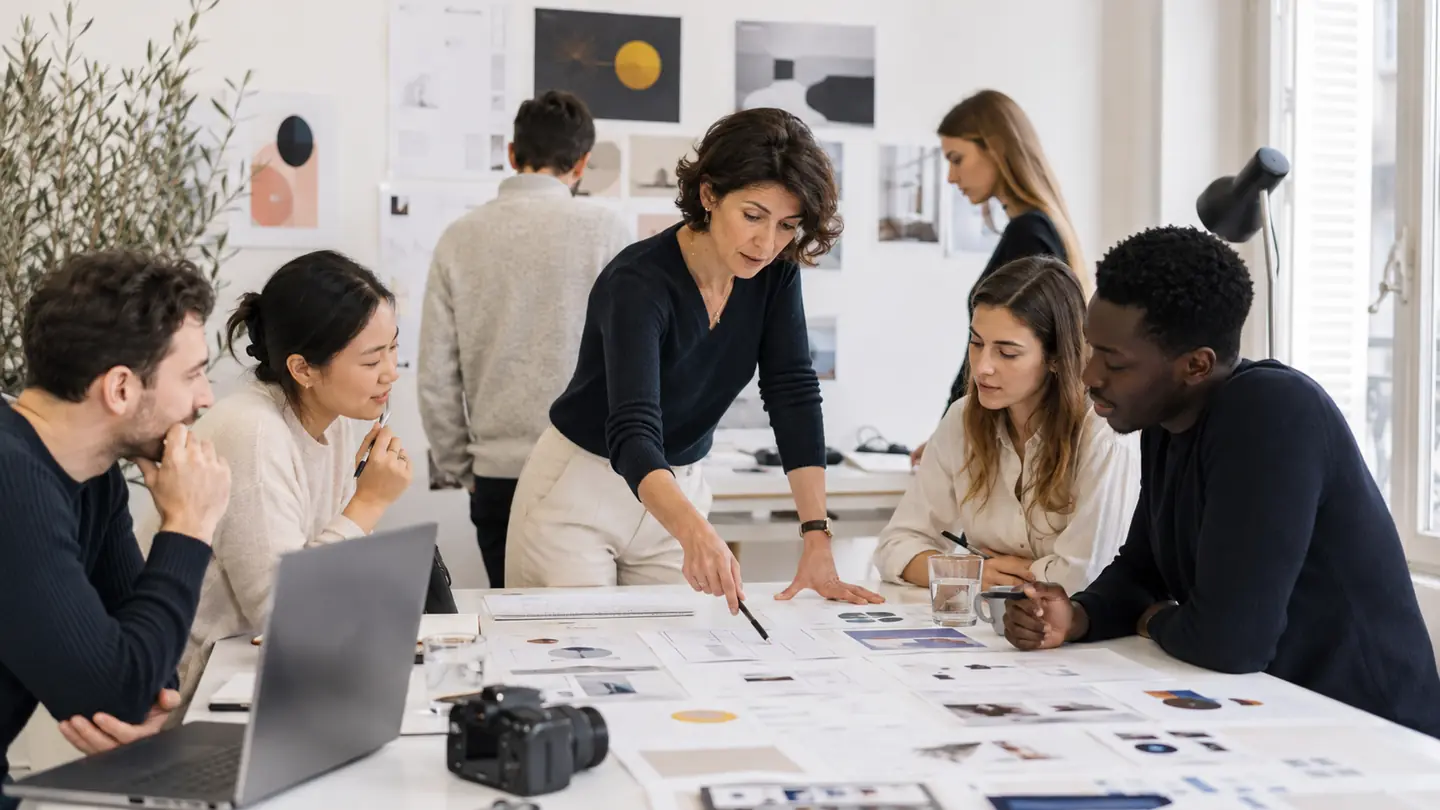 Une équipe relie stratégie, contenus et mesure pendant un atelier de marketing digital.