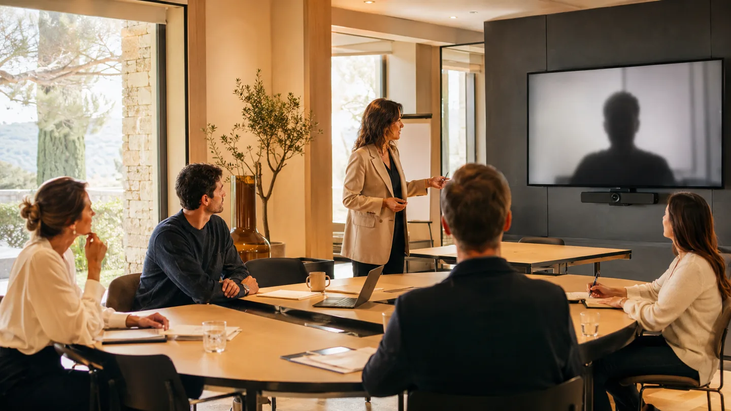 Une responsable formation organise une session intra-entreprise avec son équipe et un participant à distance.