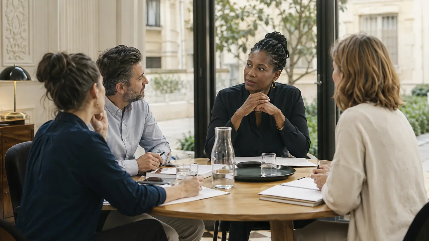 Une manageuse anime une discussion d’équipe autour d’une table ronde.