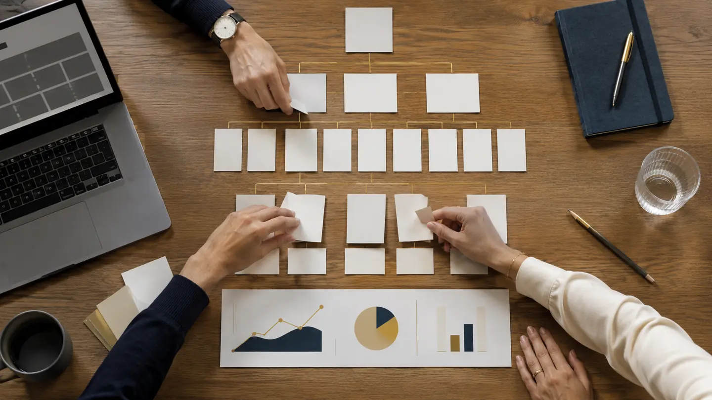Des professionnels organisent les étapes d’une stratégie SEO sur une table de travail.
