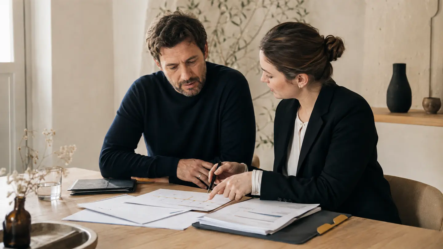Une dirigeante et un conseiller préparent ensemble un dossier de financement de formation.
