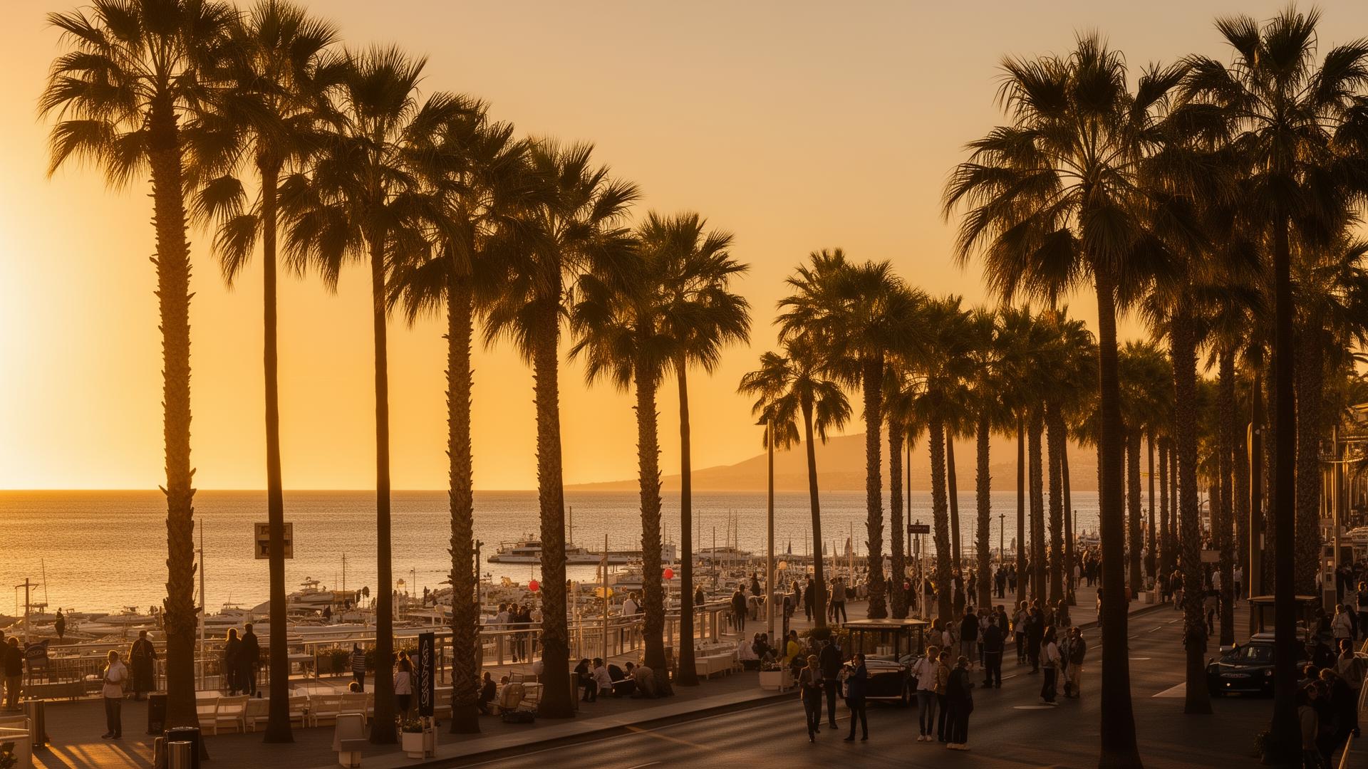 La Croisette à Cannes au coucher du soleil